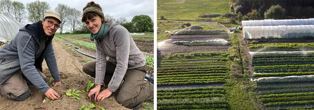 Image showing Laura and Johannes working on their farm. Image showing their farm from overhead, with rows of crops and two polytunnels. 